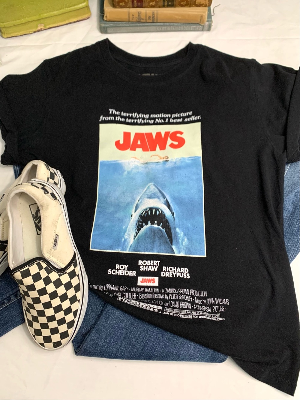 “Jaws” Graphic Screen print short sleeve unisex black tee- L